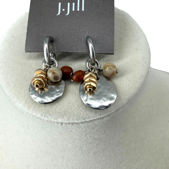 J. Jill Mixed Metal Beaded Stud Earrings Hammered Disc Neutral Wood Earthy Boho - Picture 3 of 6